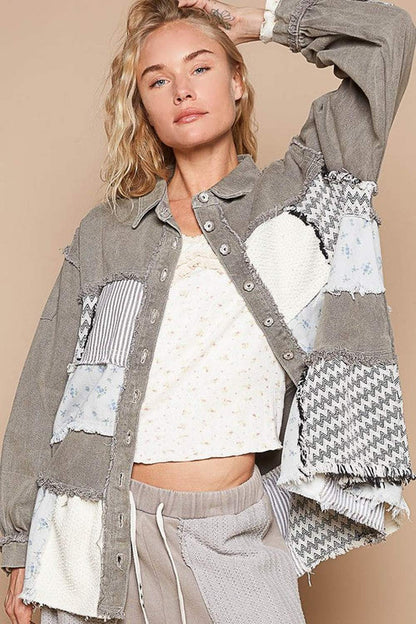 POL Raw Hem Patchwork Dropped Shoulder Jacket - Jackets - FITGGINS