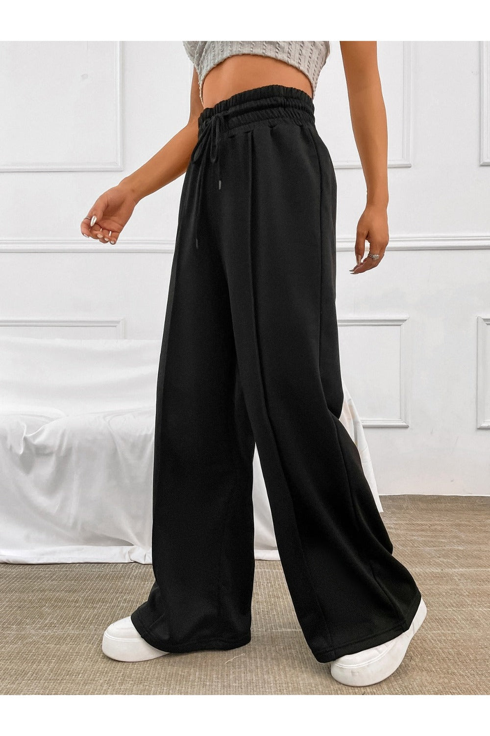 Honey Drawstring Elastic Waist Wide Leg Pants - Pants - FITGGINS