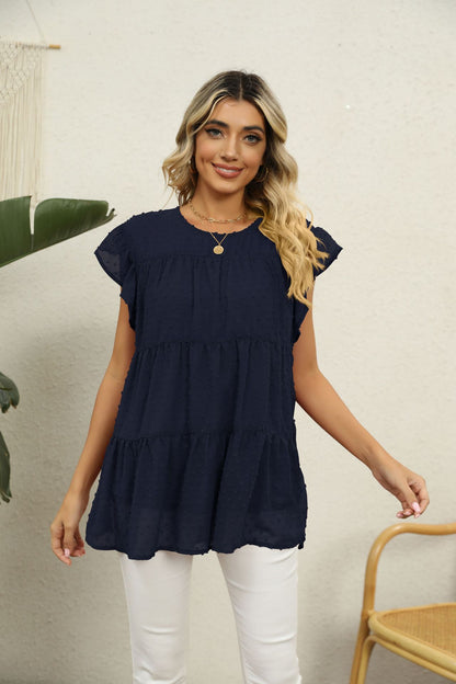 Swiss Dot Round Neck Tiered Blouse Dark Navy Fitggins