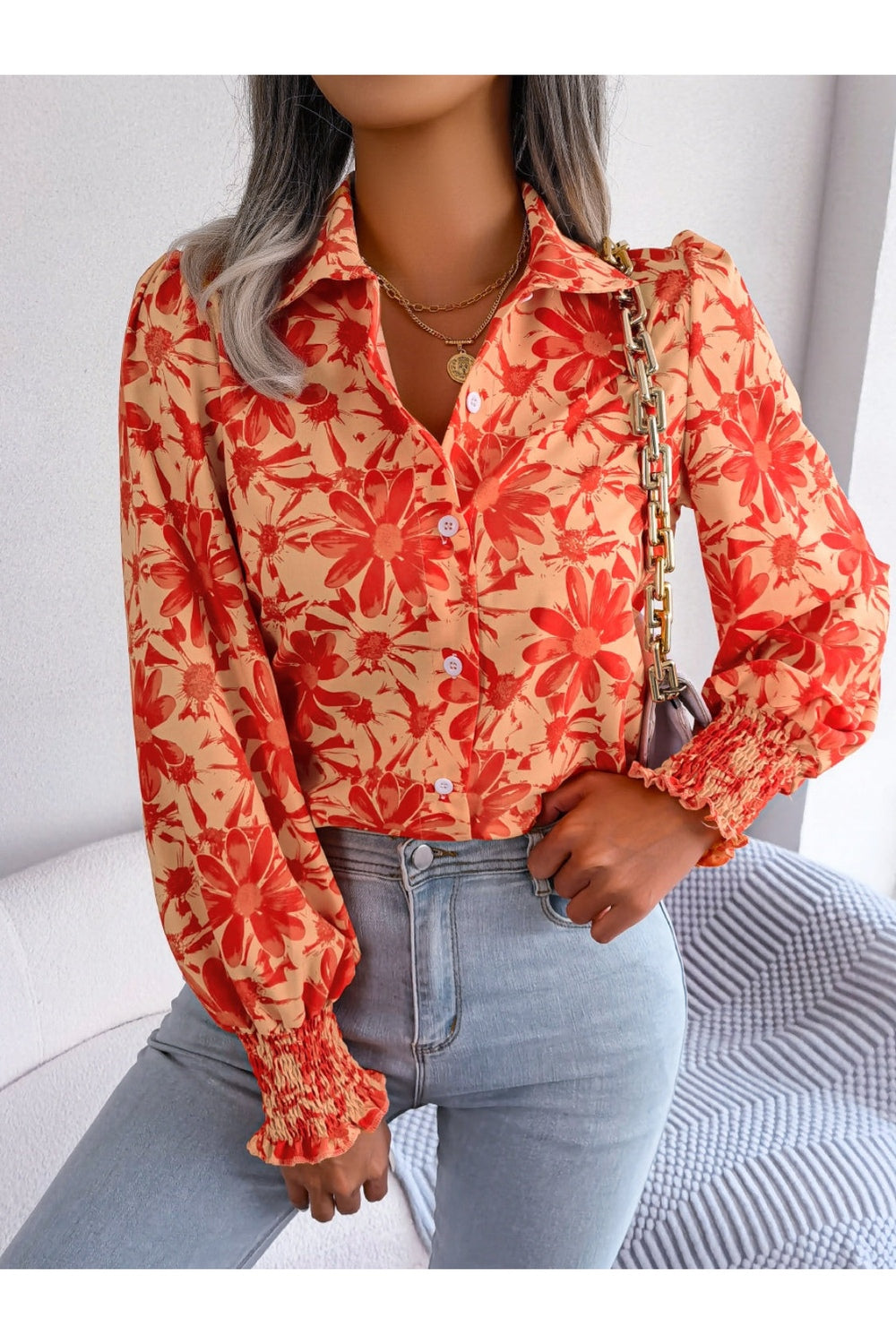 Floral Collared Neck Long Sleeve Shirt - Shirts - FITGGINS