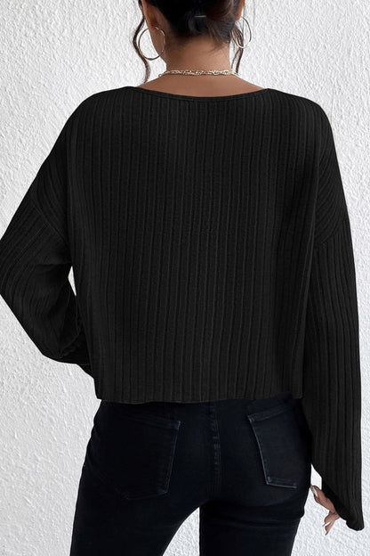 Ribbed Round Neck Drop Shoulder Long Sleeve Top - Blouses - FITGGINS