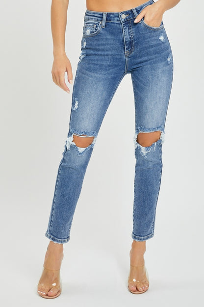 Risen Full Size High Rise Knee Distressed Skinny Jeans - Jeans - FITGGINS