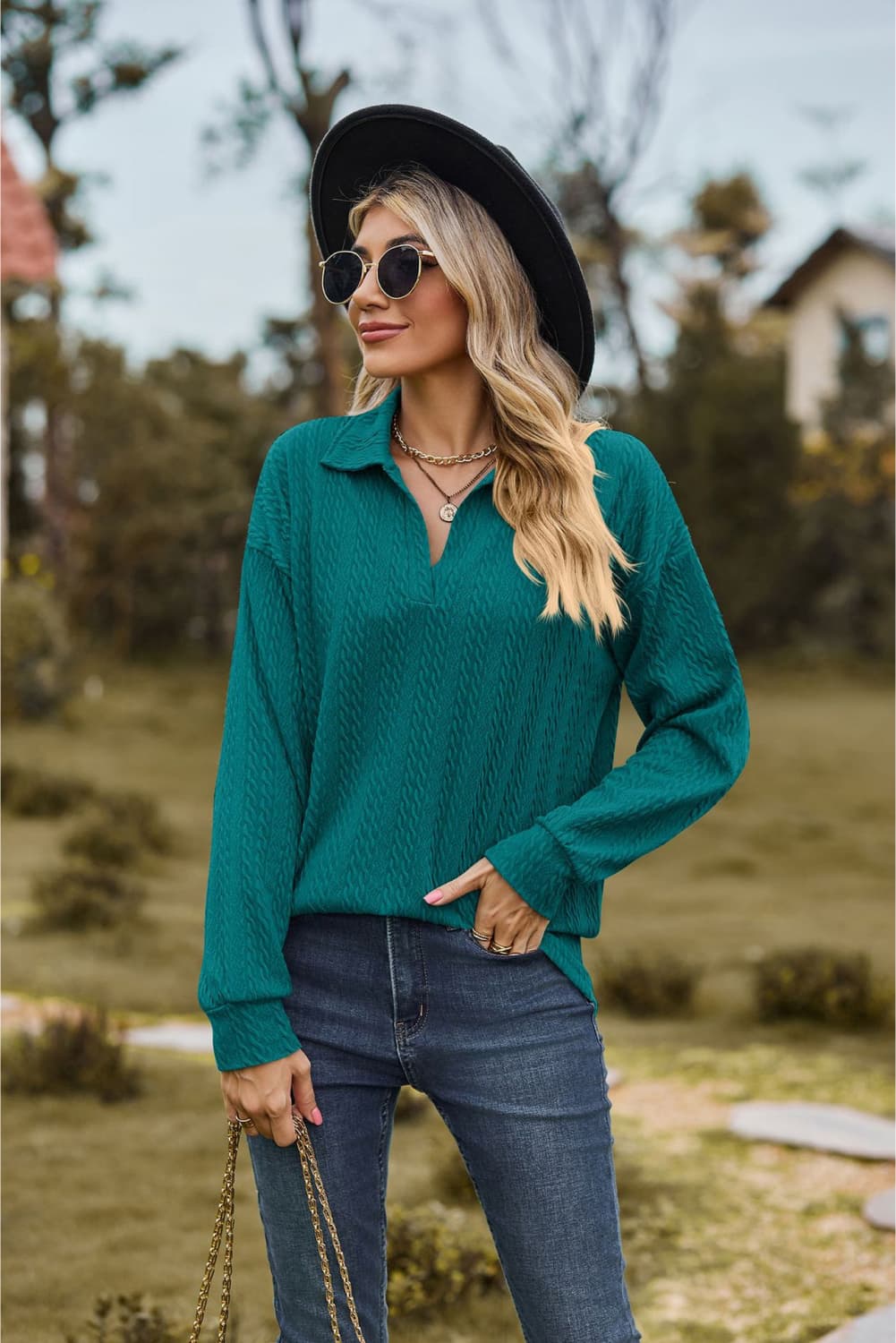 Collared Neck Cable-Knit Long Sleeve Blouse Fitggins