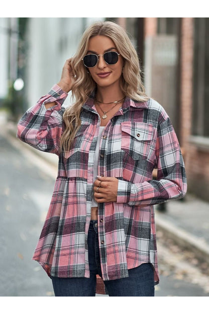 Plaid Button Up Dropped Shoulder Shirt - Shirts - FITGGINS