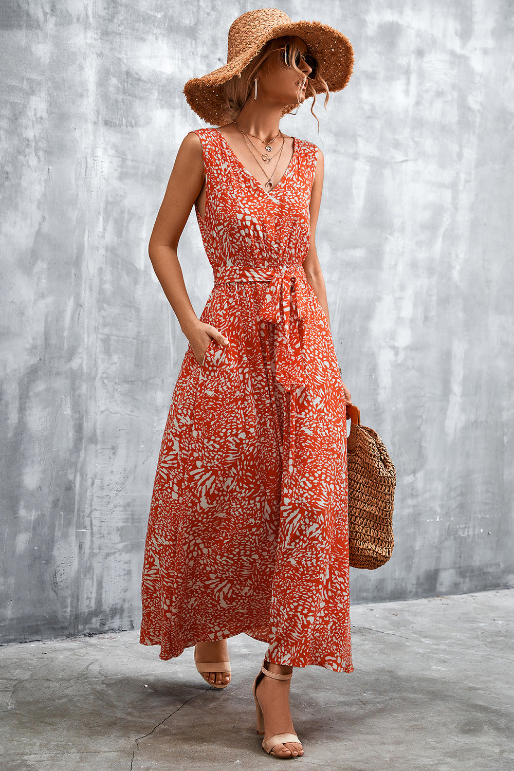 Printed V-Neck Tie Waist Maxi Dress - Casual & Maxi Dresses - FITGGINS