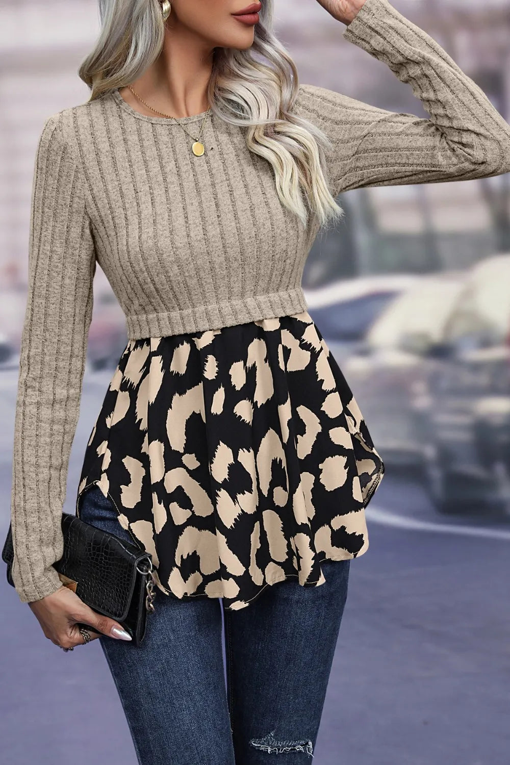 Ivy Lane Leopard Peplum Round Neck Blouse Fitggins