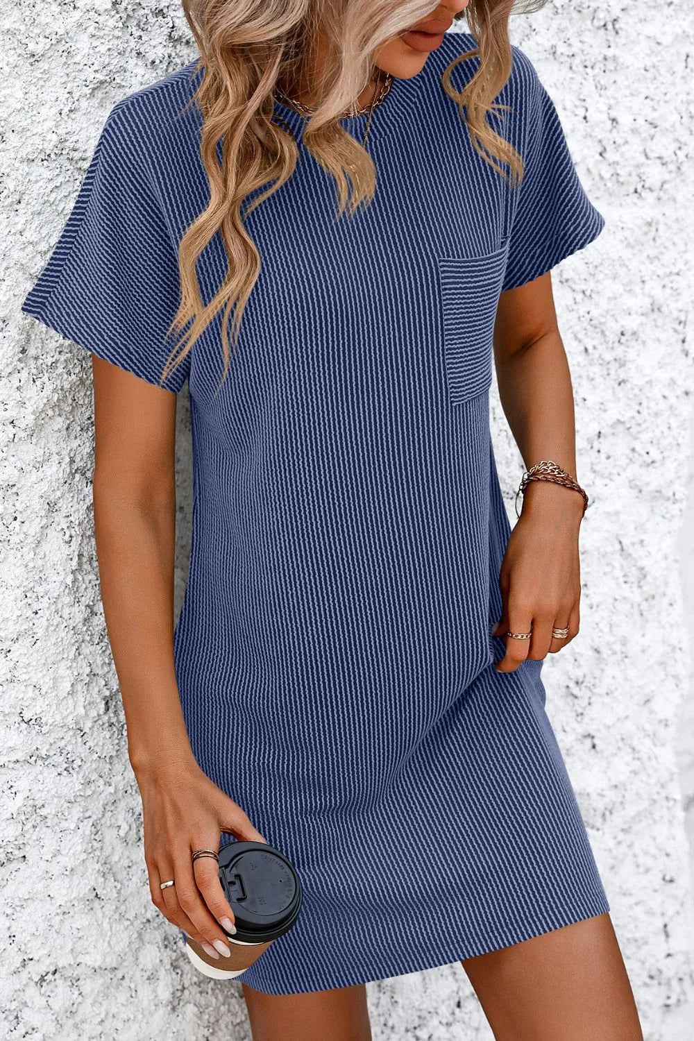 Mandy Ribbed Striped Short Sleeve Mini Tee Dress Fitggins
