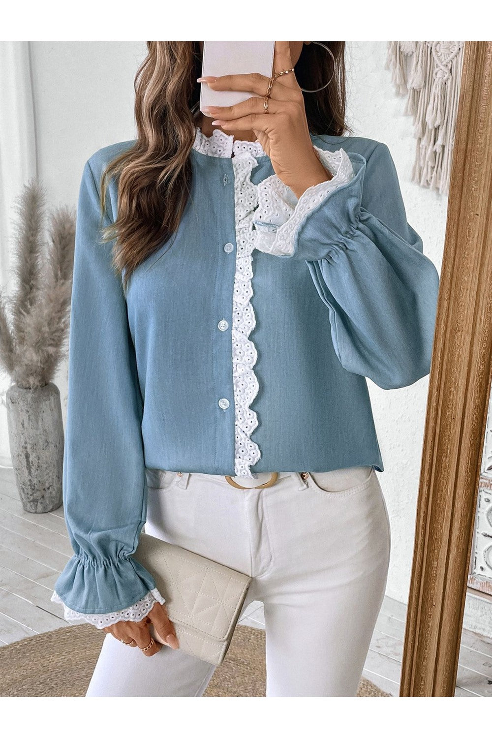 Perfee Lace Detail Button Down Long Sleeve Shirt - Shirts - FITGGINS