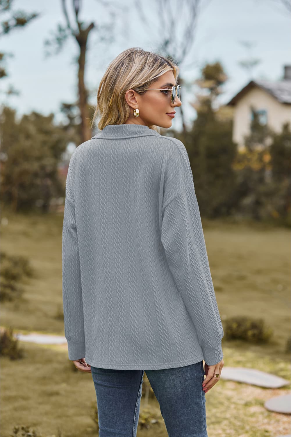 Collared Neck Cable-Knit Long Sleeve Blouse Fitggins