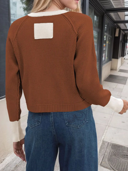 Contrast Button Up Long Sleeve Cardigan Fitggins