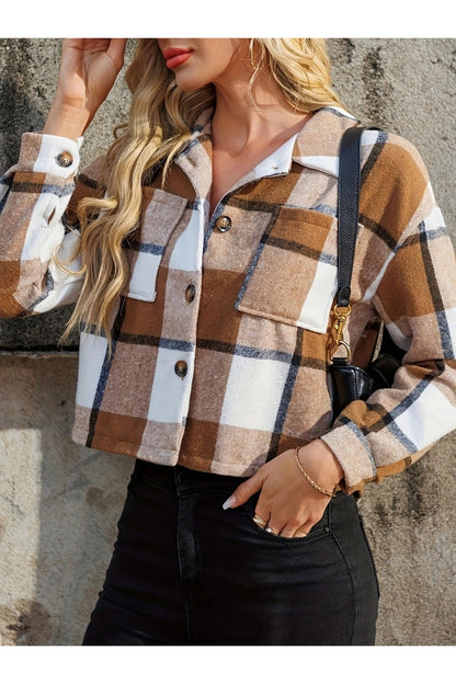 Plaid Collared Neck Cropped Jacket - Jackets - FITGGINS