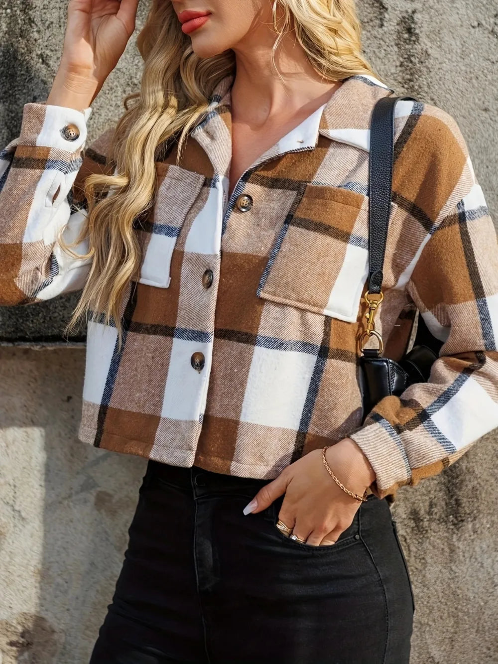 Plaid Collared Neck Cropped Jacket Fitggins