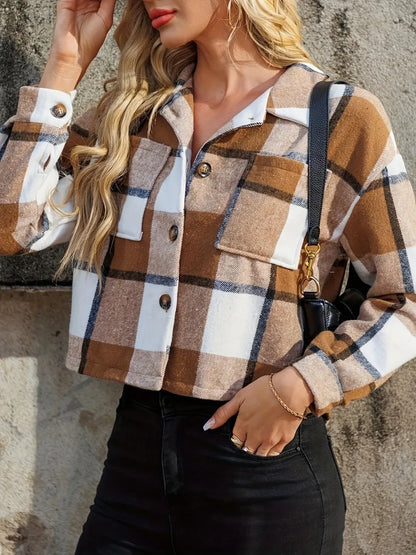 Plaid Collared Neck Cropped Jacket Fitggins