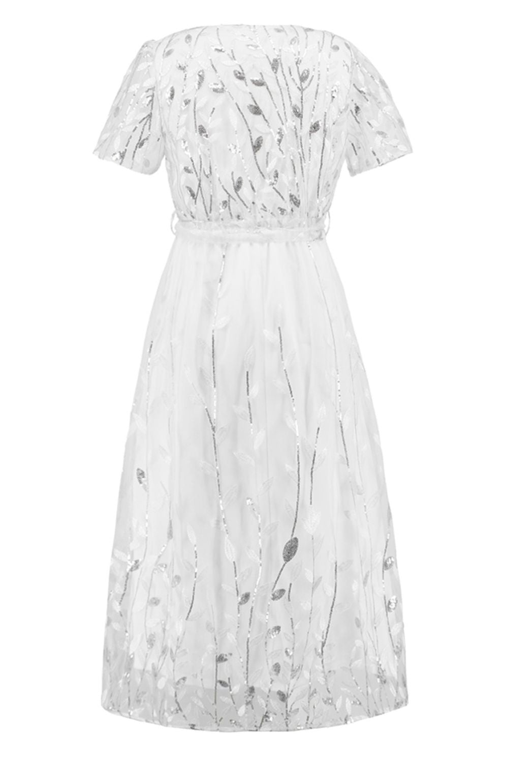 Sequin Leaf Embroidery Tie Front Short Sleeve Dress - Cocktail Dresses - FITGGINS