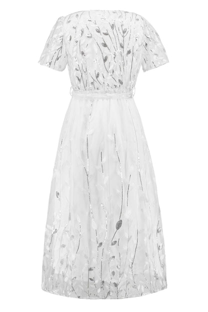 Sequin Leaf Embroidery Tie Front Short Sleeve Dress - Cocktail Dresses - FITGGINS