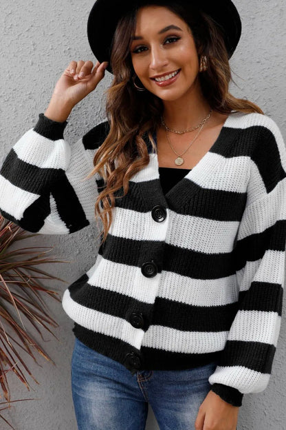 Striped Button Up Long Sleeve Sweater Fitggins