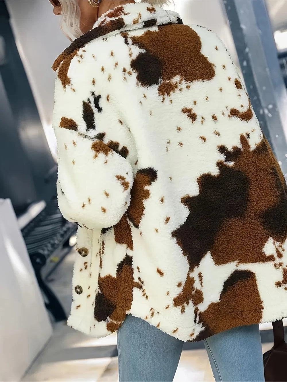 Cow Print Collared Neck Button-Up Fuzzy Jacket Fitggins