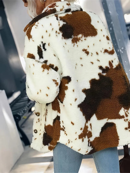 Cow Print Collared Neck Button-Up Fuzzy Jacket Fitggins