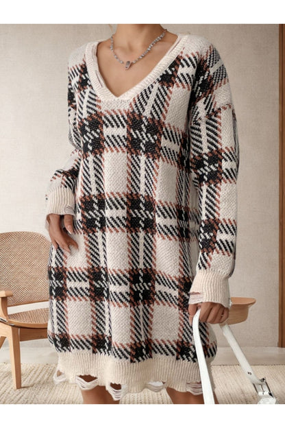 Distressed Plaid V-Neck Long Sleeve Sweater Dress - Sweater Dresses - FITGGINS