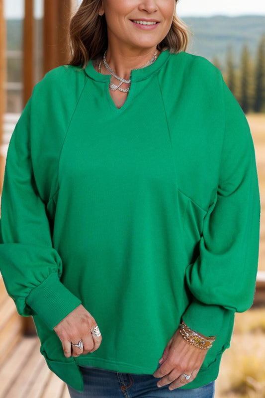 Plus Size Cutout Hem Notched Long Sleeve Sweatshirt - Sweatshirts & Hoodies - FITGGINS