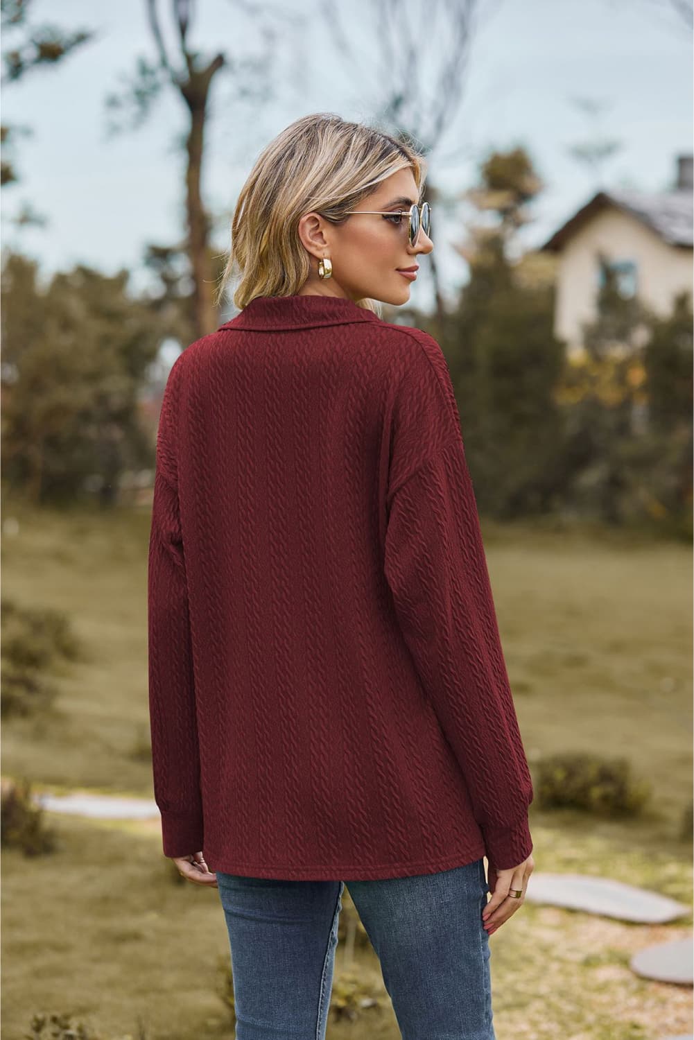 Collared Neck Cable-Knit Long Sleeve Blouse Fitggins