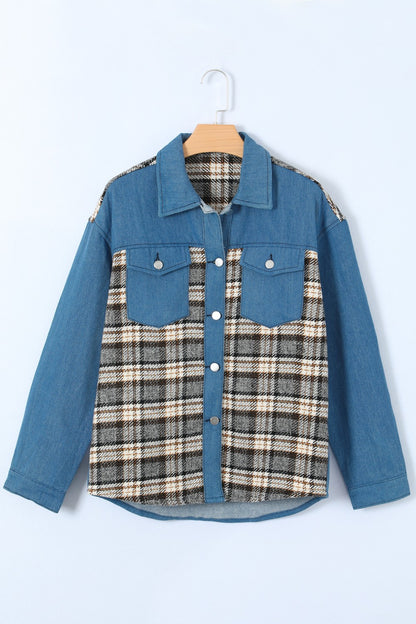 Plaid Pocketed Button Up Denim Jacket - Denim Jackets - FITGGINS