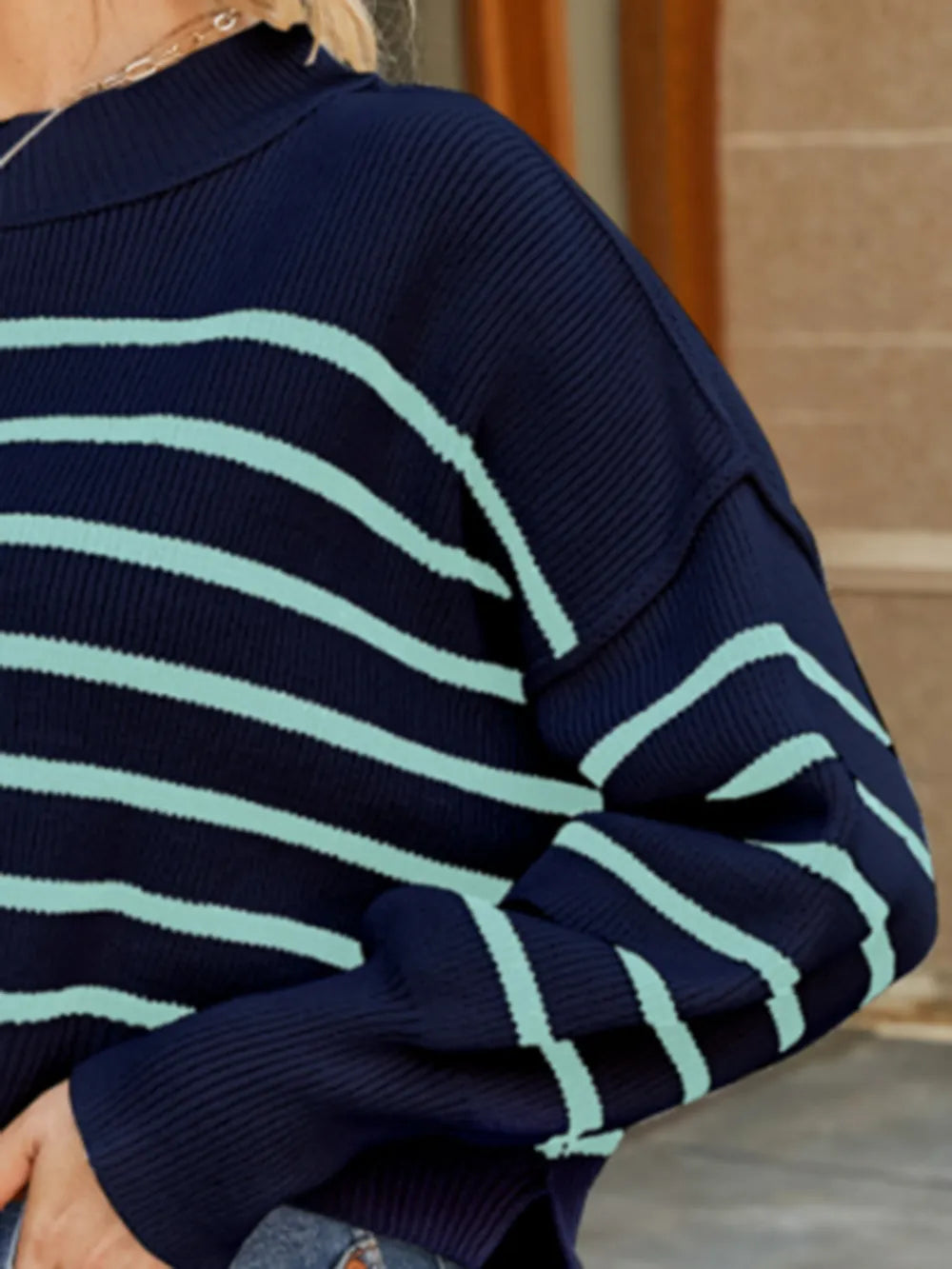 Round Neck Striped Lantern Sleeve Sweater Fitggins