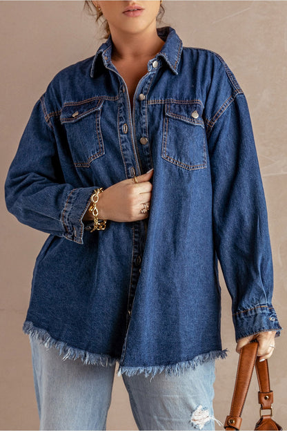 Button Up Pocketed Raw Hem Denim Jacket - Denim Jackets - FITGGINS