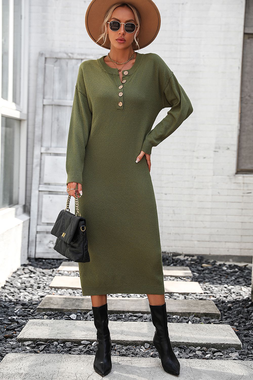 Decorative Button Notched Dropped Shoulder Sweater Dress - Sweater Dresses - FITGGINS