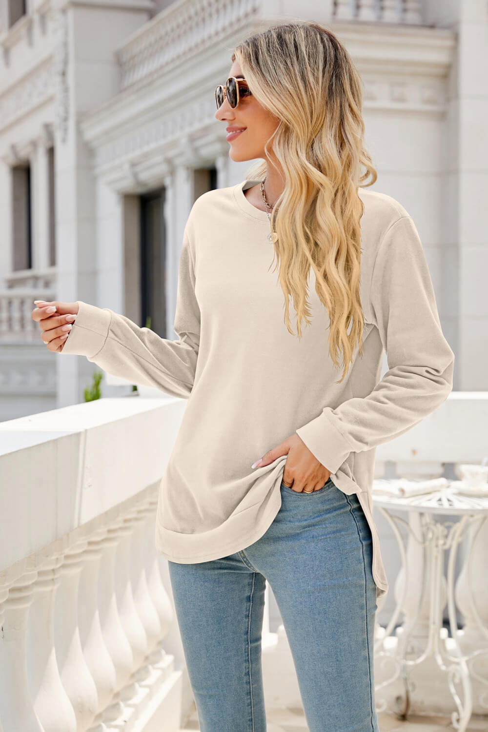 Round Neck Slit Tunic Top - T-Shirts - FITGGINS