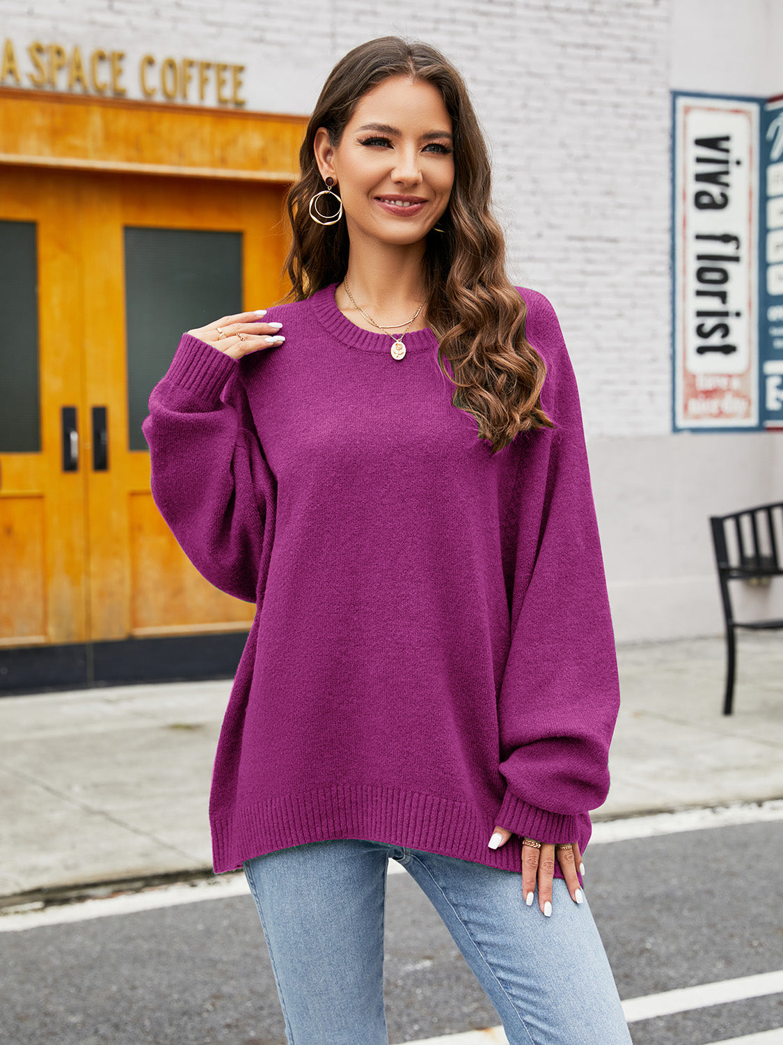 Round Neck Ribbed Trim Sweater Fuchsia Fitggins