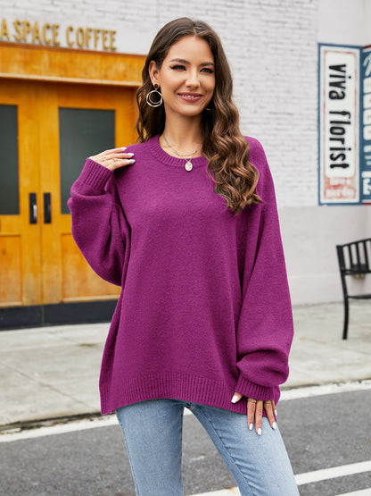 Round Neck Ribbed Trim Sweater Fuchsia Fitggins