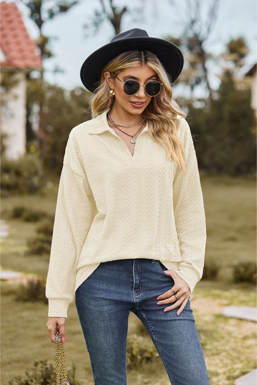 Collared Neck Cable-Knit Long Sleeve Blouse Ivory Fitggins