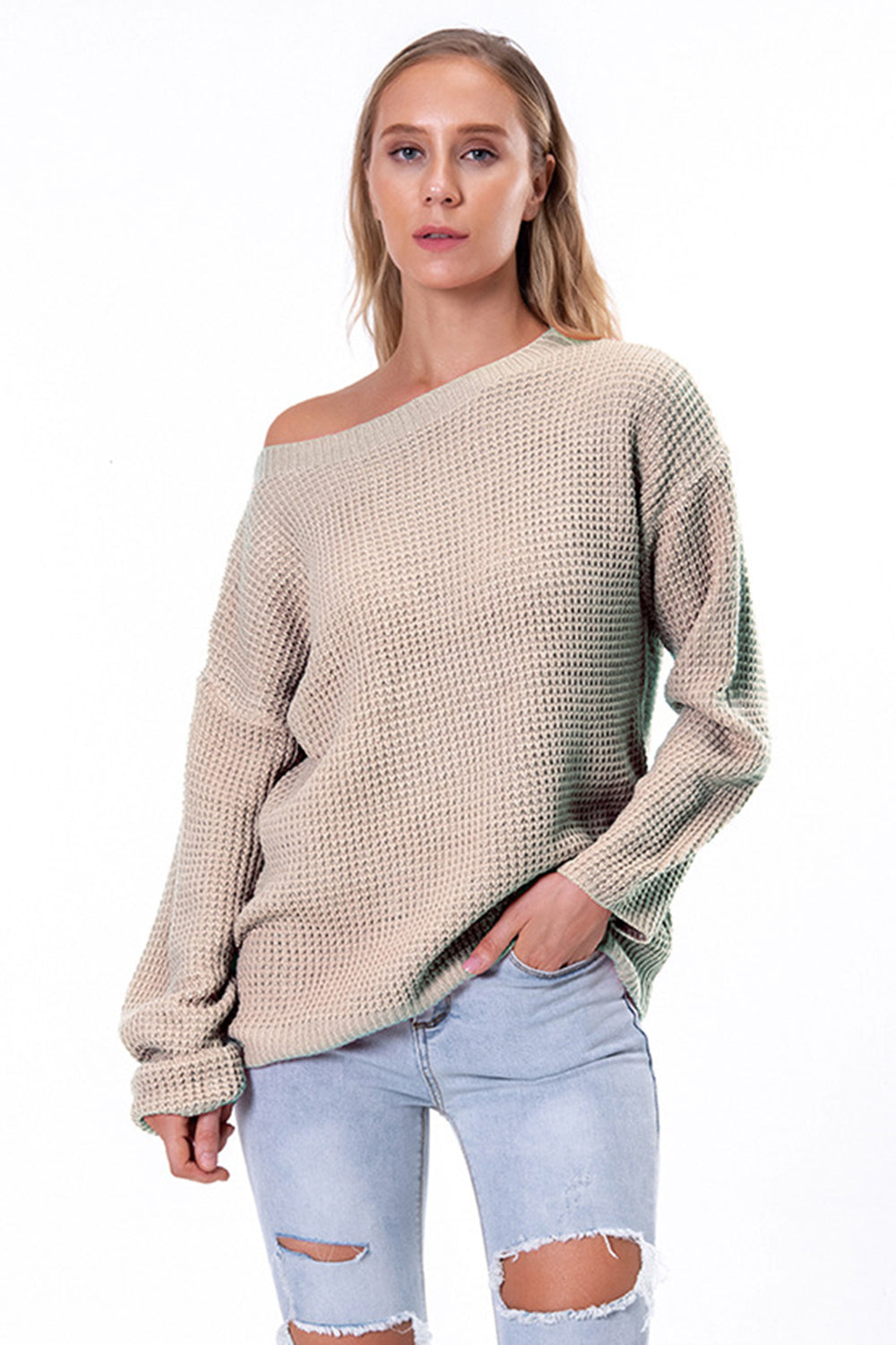 Boat Neck Drop Shoulder Long Sleeve Sweater Beige Fitggins