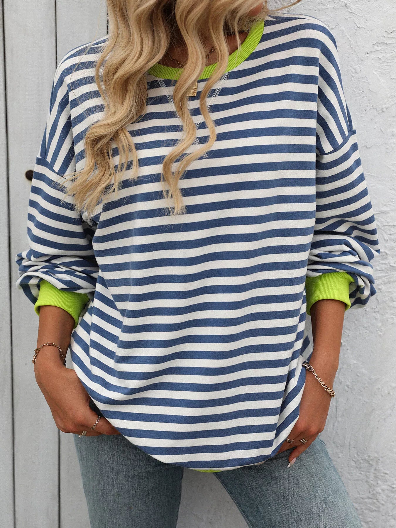 Striped Round Neck Dropped Shoulder Sweatshirt Blue Fitggins