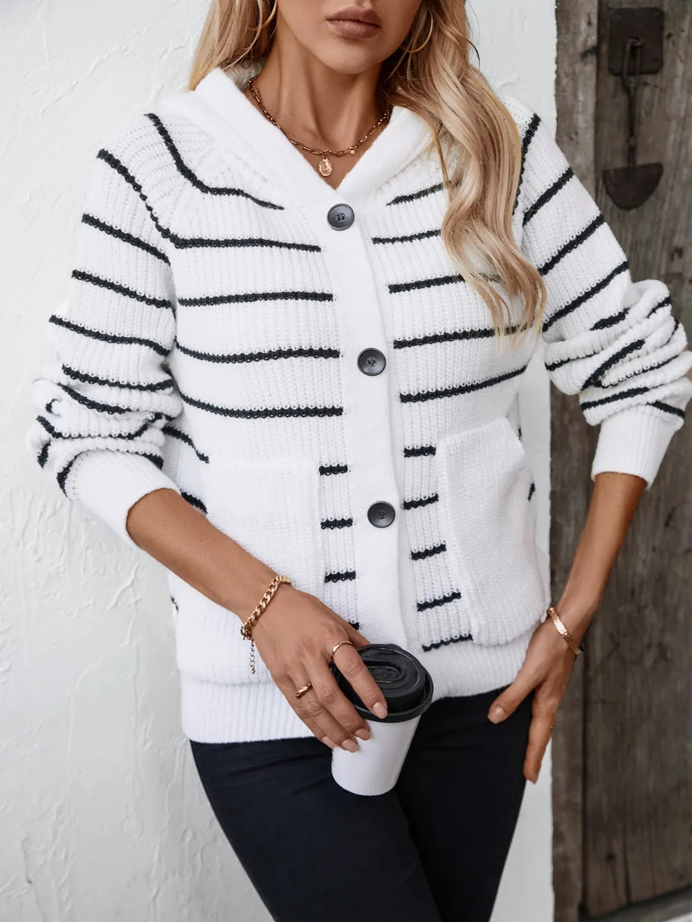 Striped Button Up Long Sleeve Hooded Cardigan Fitggins