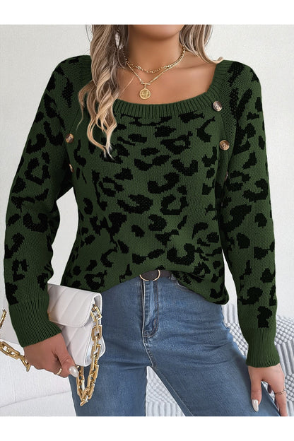 Leopard Buttoned Square Neck Sweater - Pullover Sweaters - FITGGINS