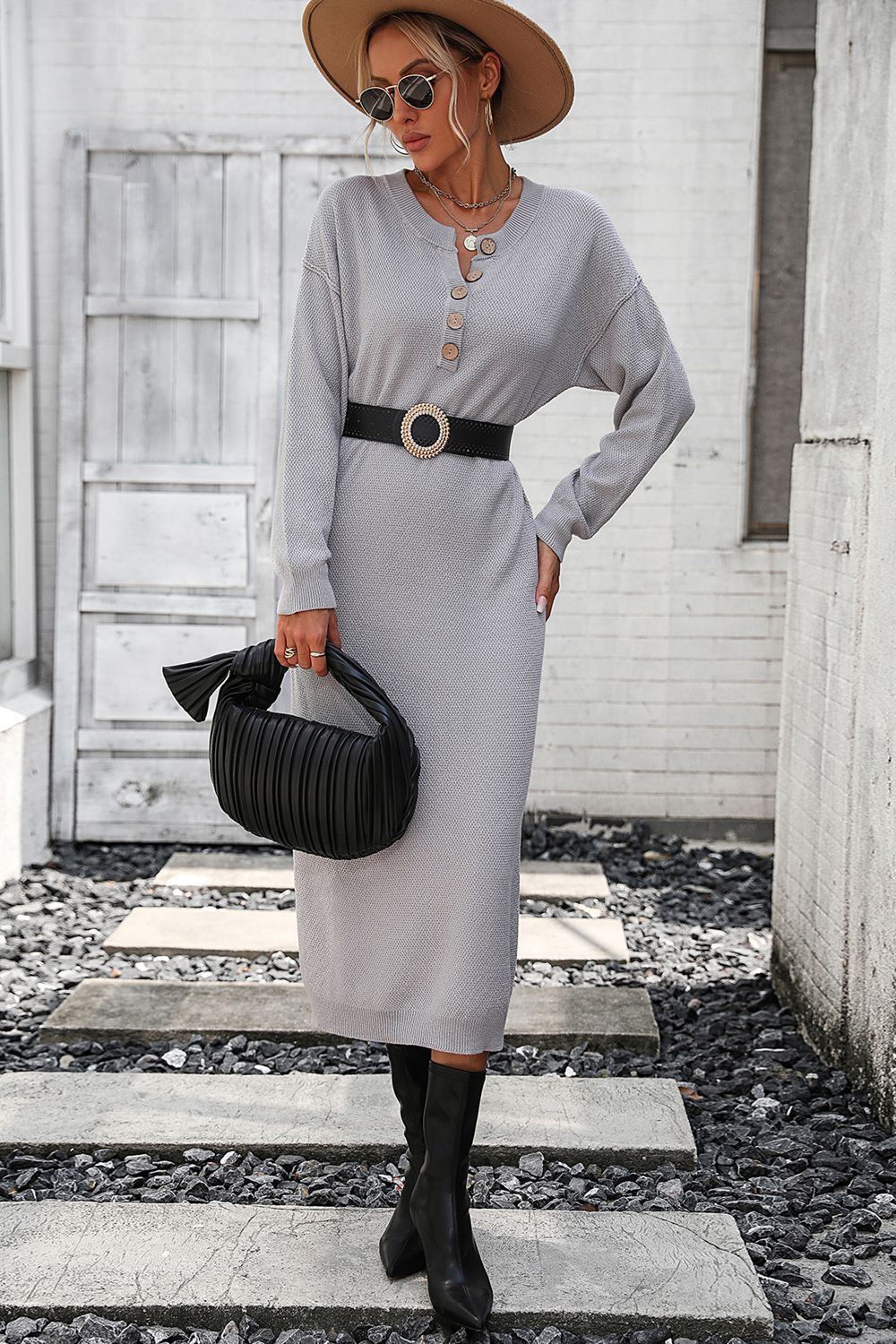 Decorative Button Notched Dropped Shoulder Sweater Dress - Sweater Dresses - FITGGINS