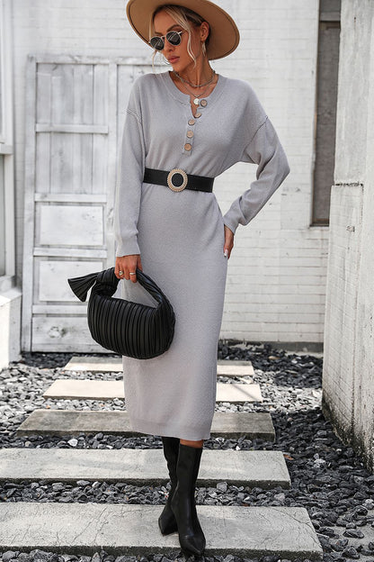 Decorative Button Notched Dropped Shoulder Sweater Dress - Sweater Dresses - FITGGINS