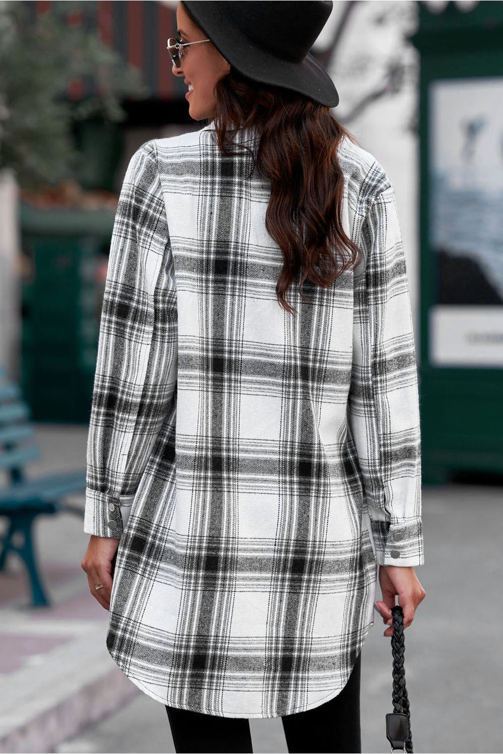 Plaid Button-Up Longline Shirt Jacket - Jackets - FITGGINS