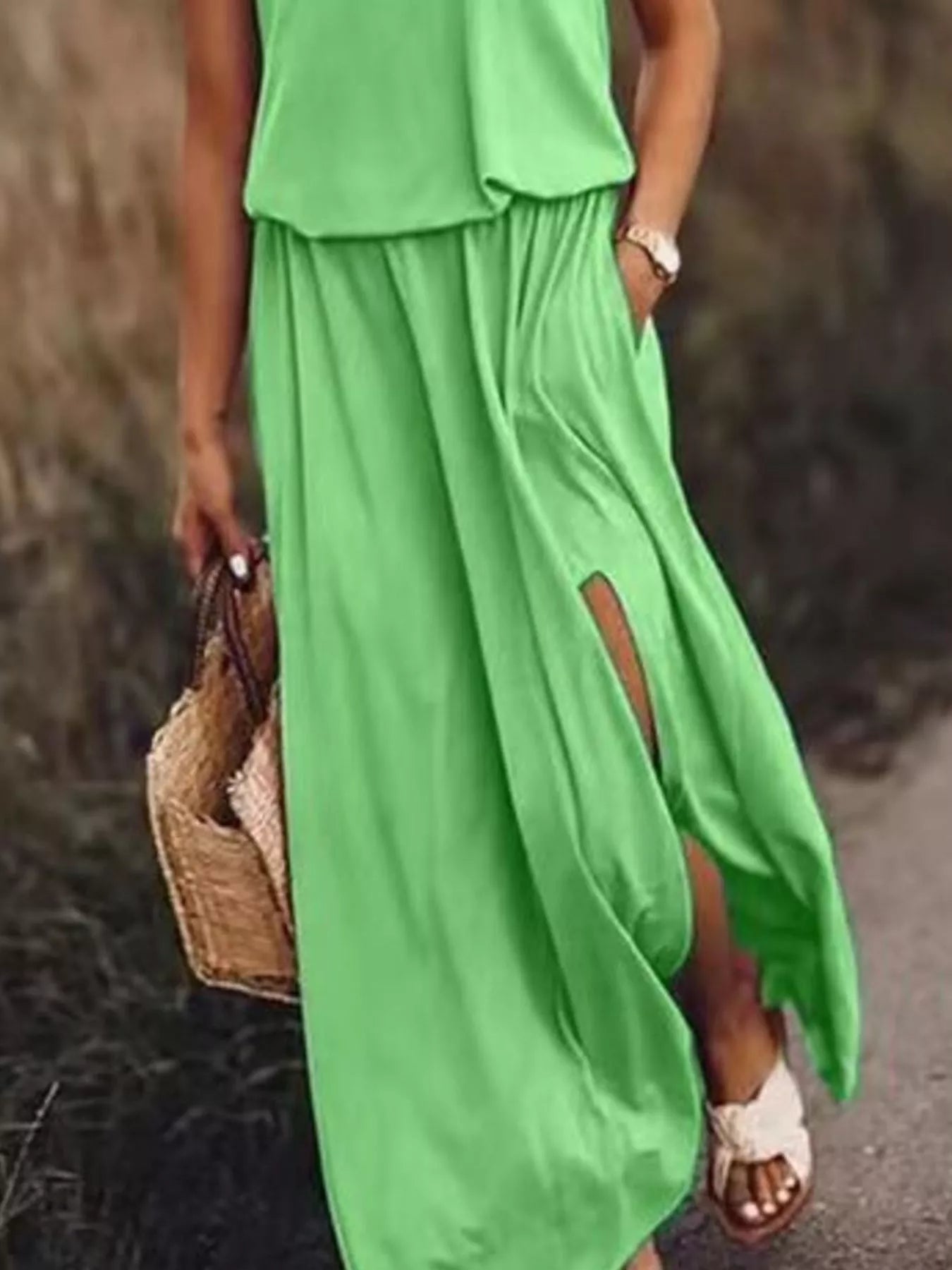 Full Size Round Neck Sleeveless Slit Maxi Dress Plus Size Fitggins