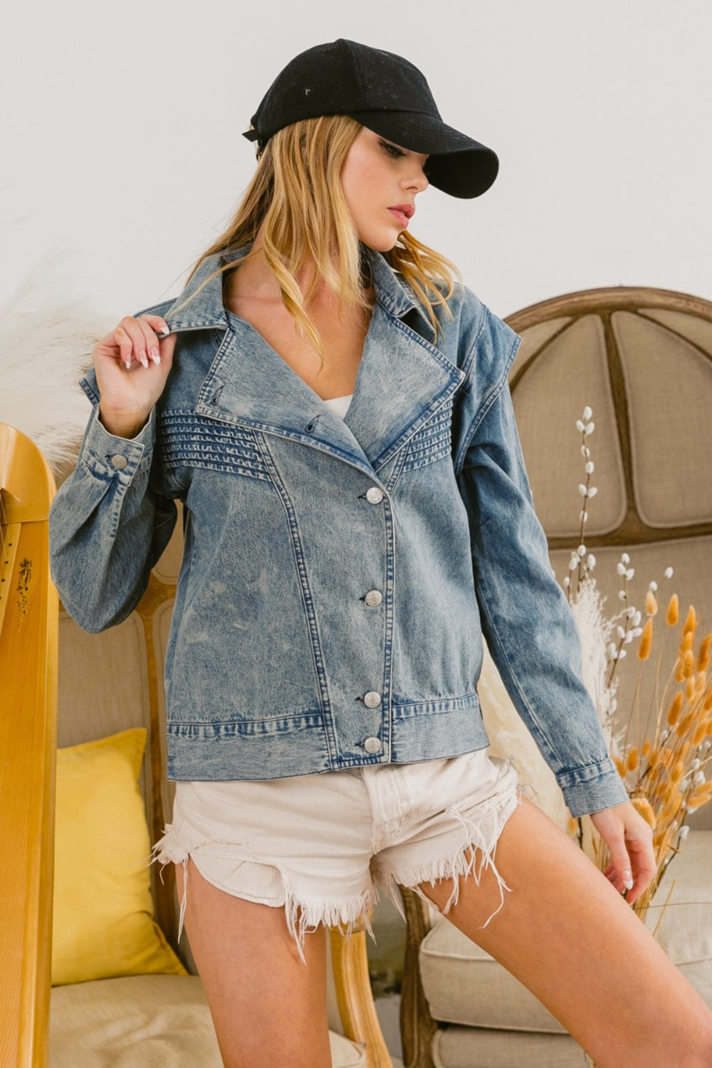 BiBi Button Up Long Sleeve Denim Jacket - Denim Jackets - FITGGINS