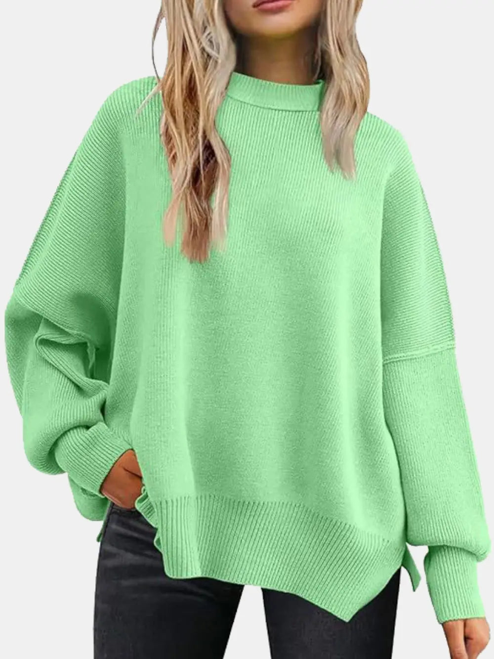 Round Neck Drop Shoulder Slit Sweater Mint Green Fitggins
