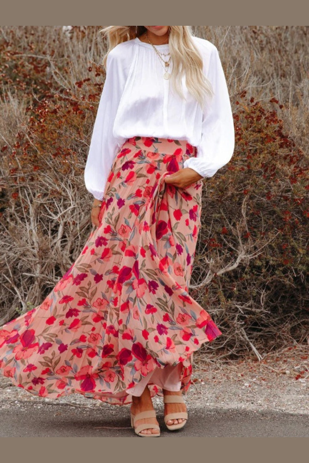 Pleated Maxi Skirt with Elastic Waist Fitggins