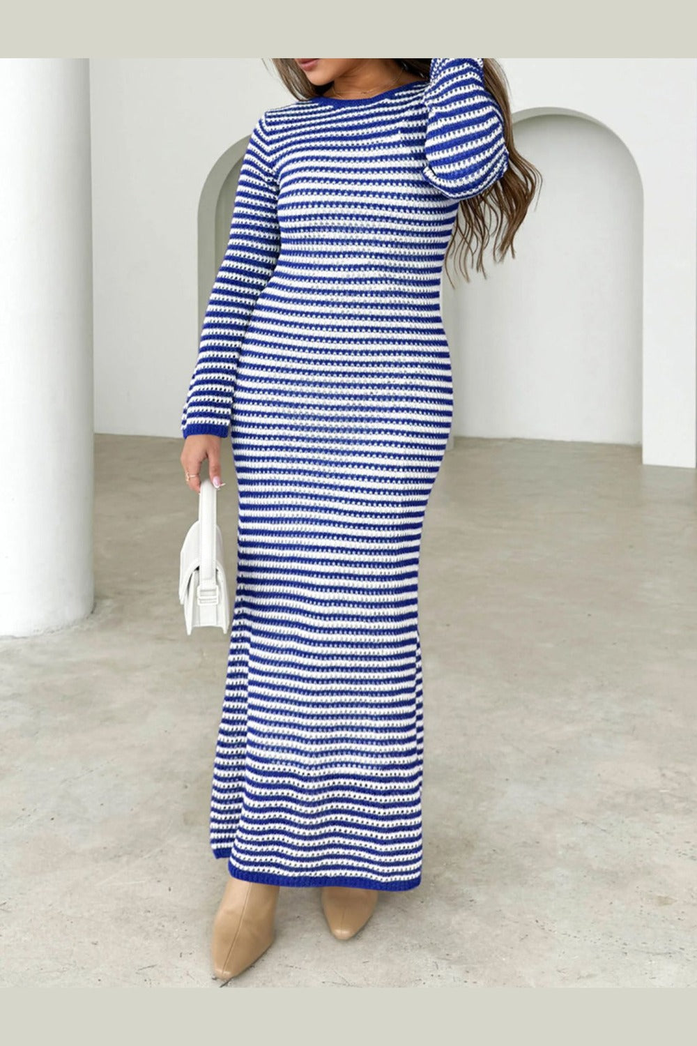 Devine Tied Round Neck Striped Sweater Dress - Sweater Dresses - FITGGINS