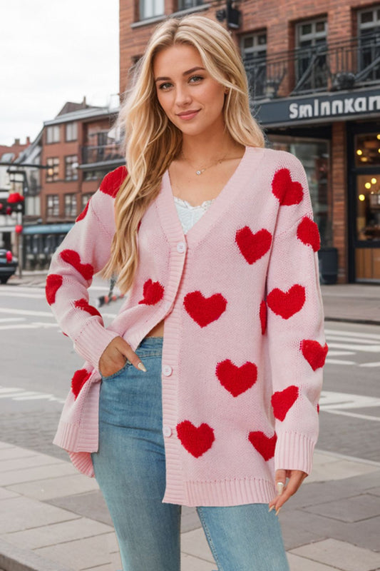 Heart Button Down Long Sleeve Cardigan - Cardigans - FITGGINS