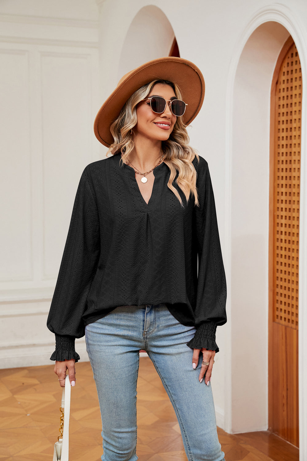 Notched Neck Flounce Sleeve Blouse Fitggins