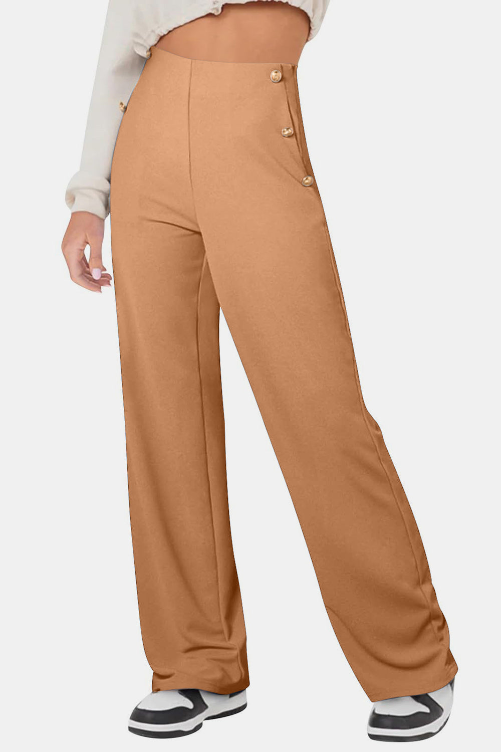 Decorative Button High Rise Pants - Pants - FITGGINS