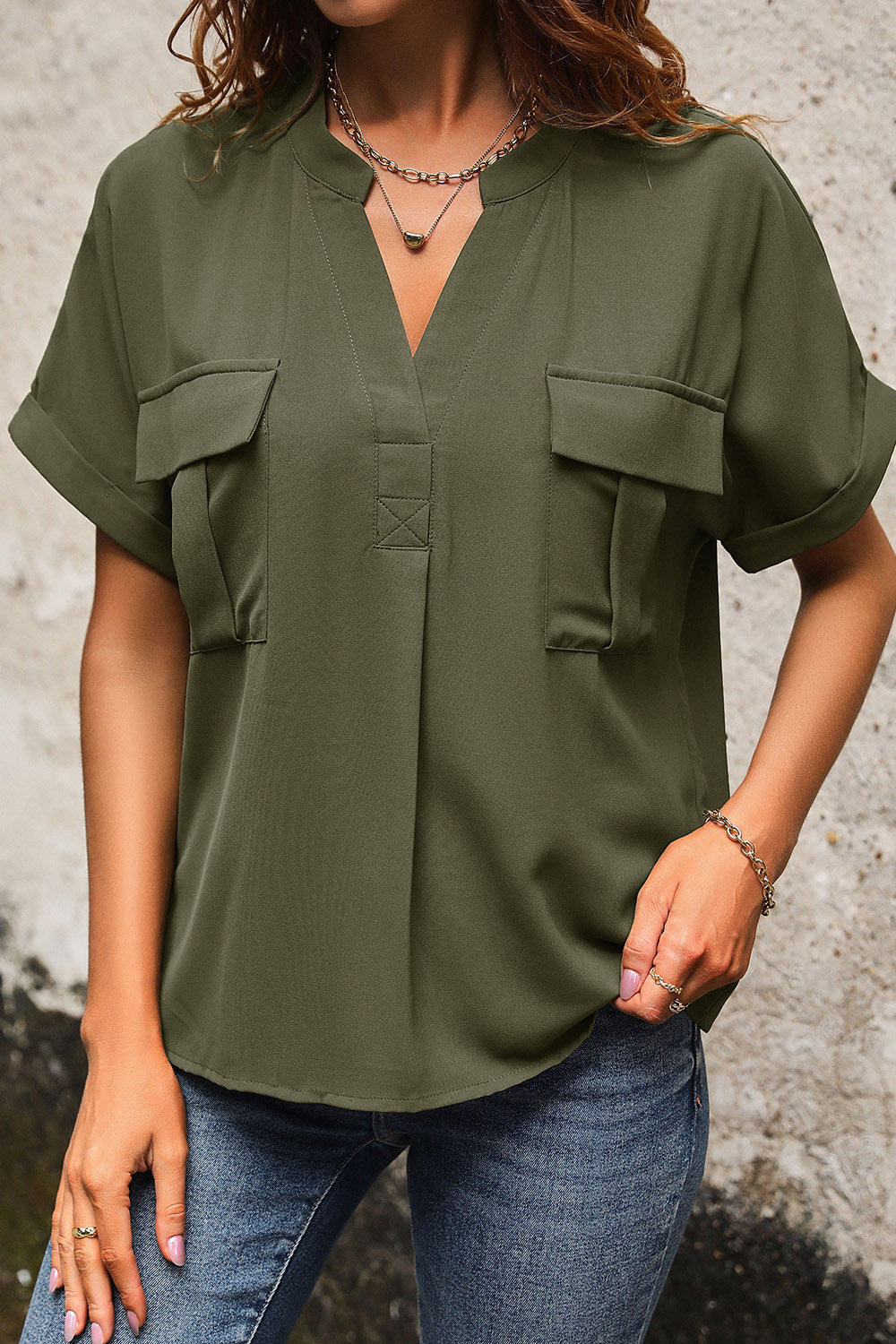 Perfee Pocketed Notched Short Sleeve Blouse - Blouses - FITGGINS