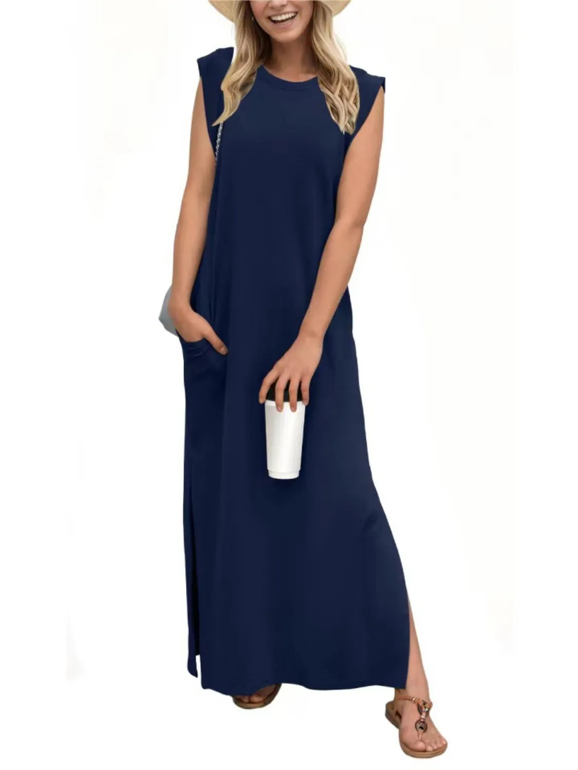 Full Size Slit Round Neck Sleeveless Maxi Tank Dress Plus Size Fitggins